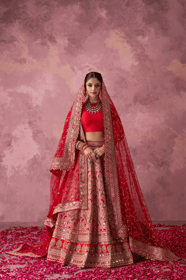 Tamira Red Raw Silk Embroidered Lehenga Set With Two Dupattas