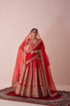 Tejasvini Red Raw Silk Embroidered Lehenga Set With Two Dupattas