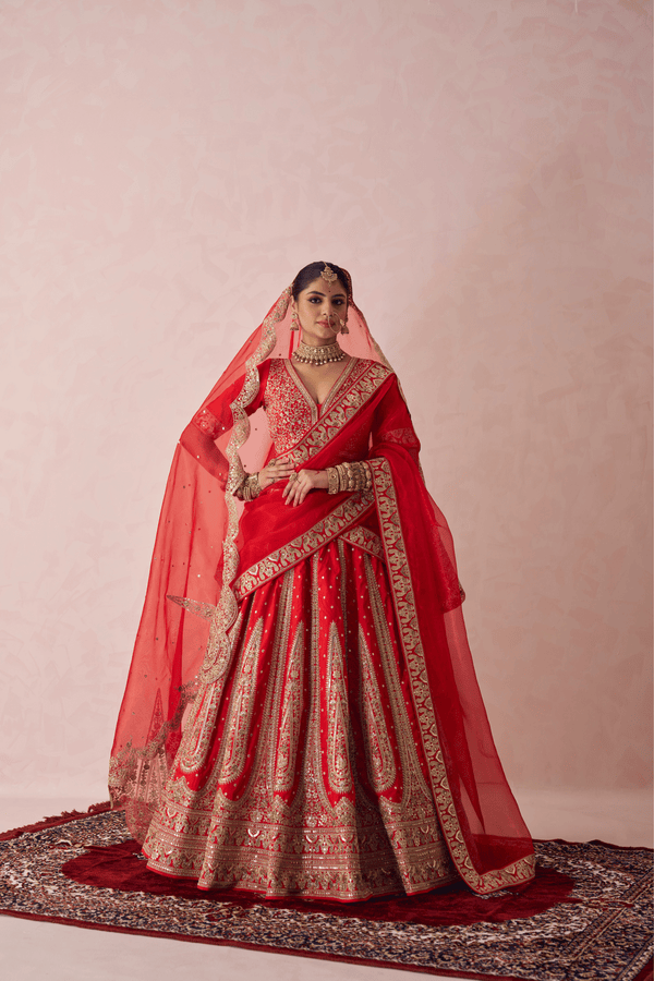 Tejasvini Red Raw Silk Embroidered Lehenga Set With Two Dupattas