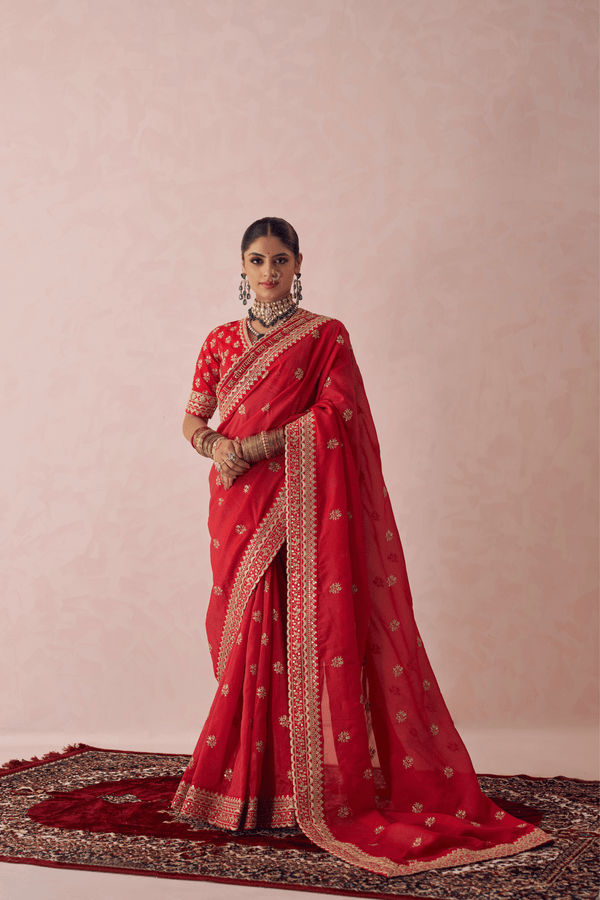 Tarangini Red Georgette Zari Embroidered Saree Set