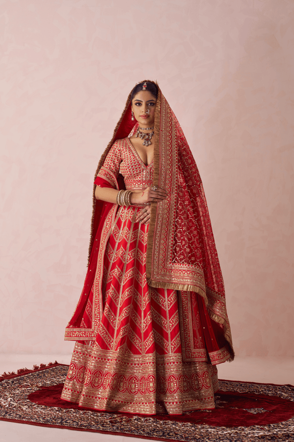 Sumedha Raw Silk Embroidered Lehenga Set With Two Dupattas
