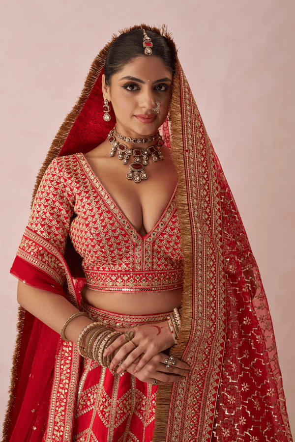 Sumedha Raw Silk Embroidered Lehenga Set With Two Dupattas