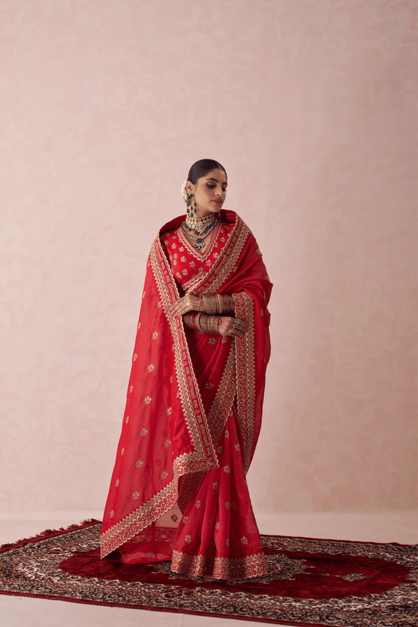 Tarangini Red Georgette Zari Embroidered Saree Set