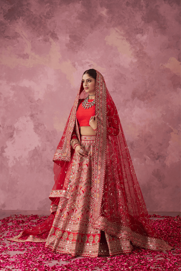Tamira Red Raw Silk Embroidered Lehenga Set With Two Dupattas