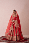 Tejasvini Red Raw Silk Embroidered Lehenga Set With Two Dupattas