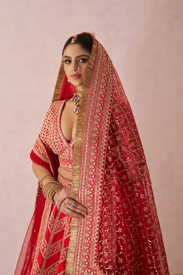 Sumedha Raw Silk Embroidered Lehenga Set With Two Dupattas