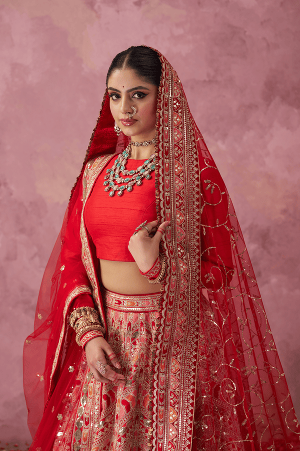 Tamira Red Raw Silk Embroidered Lehenga Set With Two Dupattas