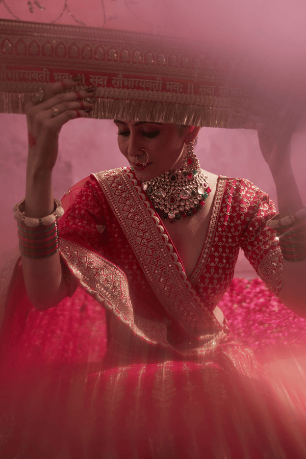 Padmavati Red Raw Silk Embroidered Lehenga Set With Two Dupattas