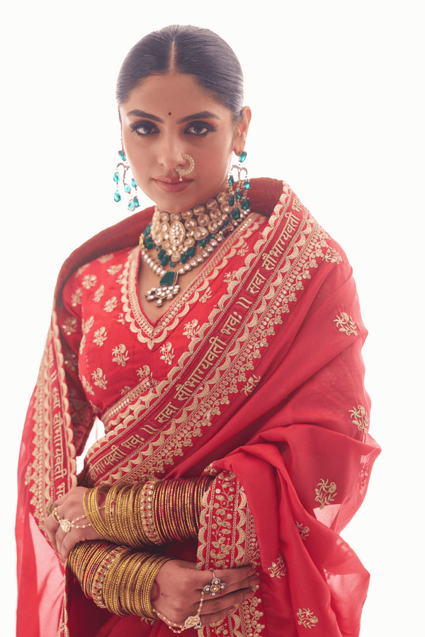 Tarangini Red Georgette Zari Embroidered Saree Set