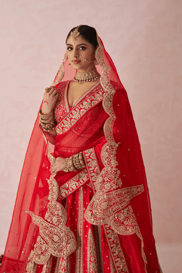 Tejasvini Red Raw Silk Embroidered Lehenga Set With Two Dupattas