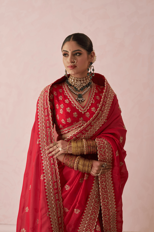 Tarangini Red Georgette Zari Embroidered Saree Set