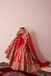 Tejasvini Red Raw Silk Embroidered Lehenga Set With Two Dupattas