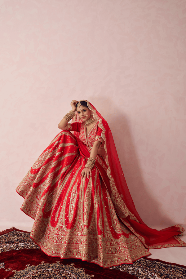 Tejasvini Red Raw Silk Embroidered Lehenga Set With Two Dupattas