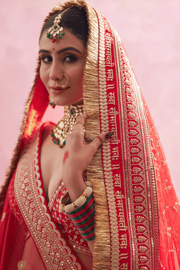 Padmavati Red Raw Silk Embroidered Lehenga Set With Two Dupattas