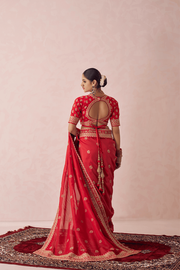 Tarangini Red Georgette Zari Embroidered Saree Set