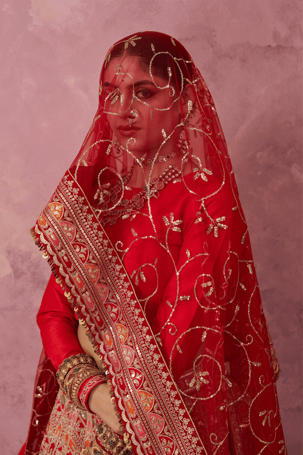 Tamira Red Raw Silk Embroidered Lehenga Set With Two Dupattas