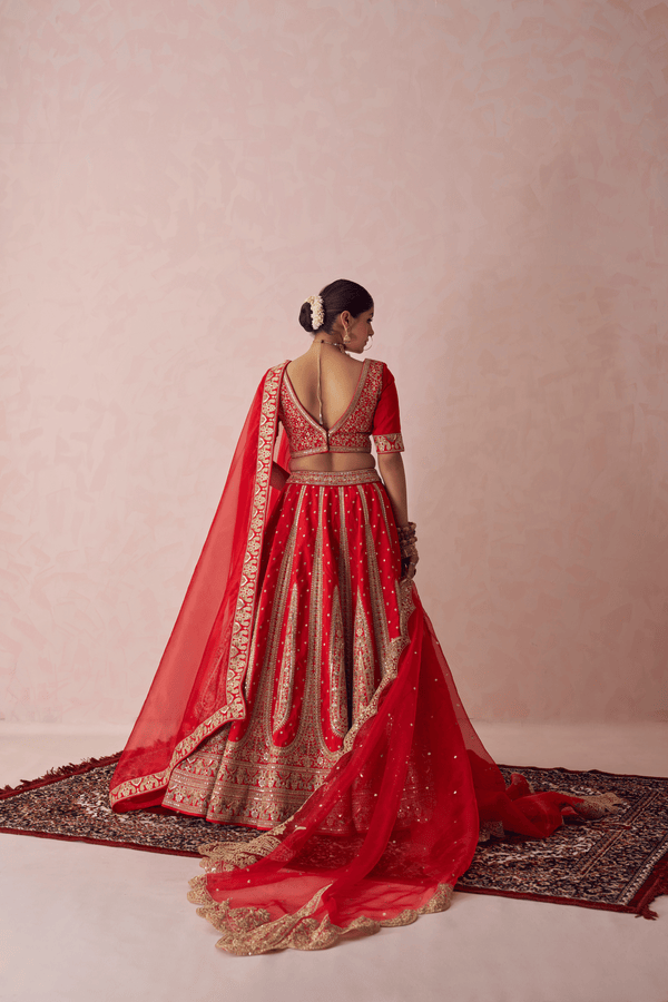Tejasvini Red Raw Silk Embroidered Lehenga Set With Two Dupattas