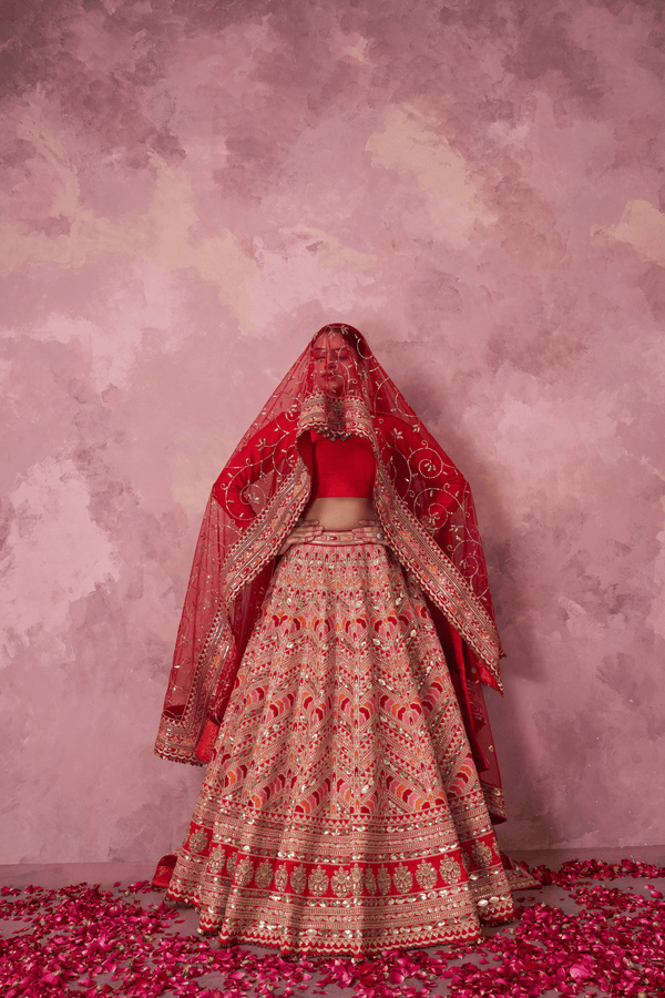 Tamira Red Raw Silk Embroidered Lehenga Set With Two Dupattas