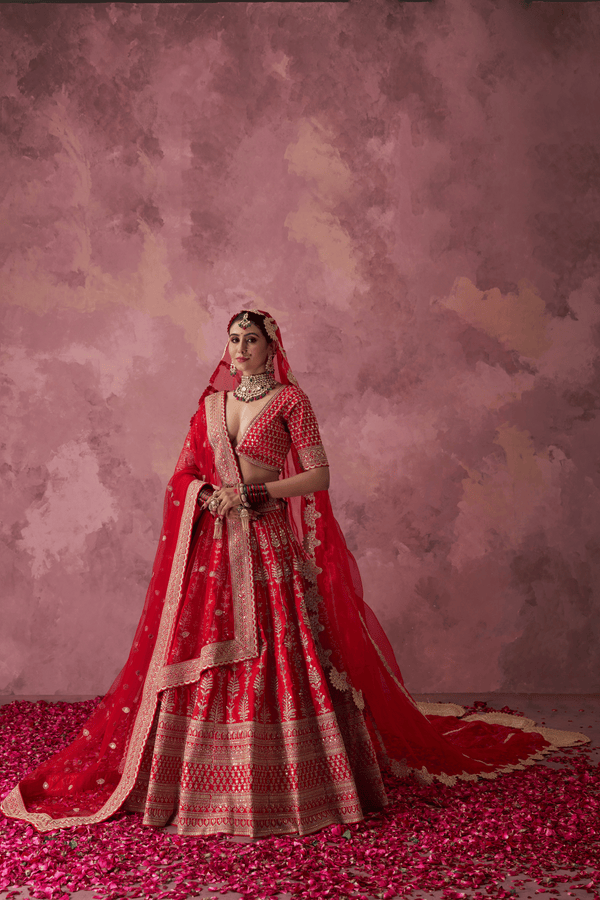 Padmavati Red Raw Silk Embroidered Lehenga Set With Two Dupattas