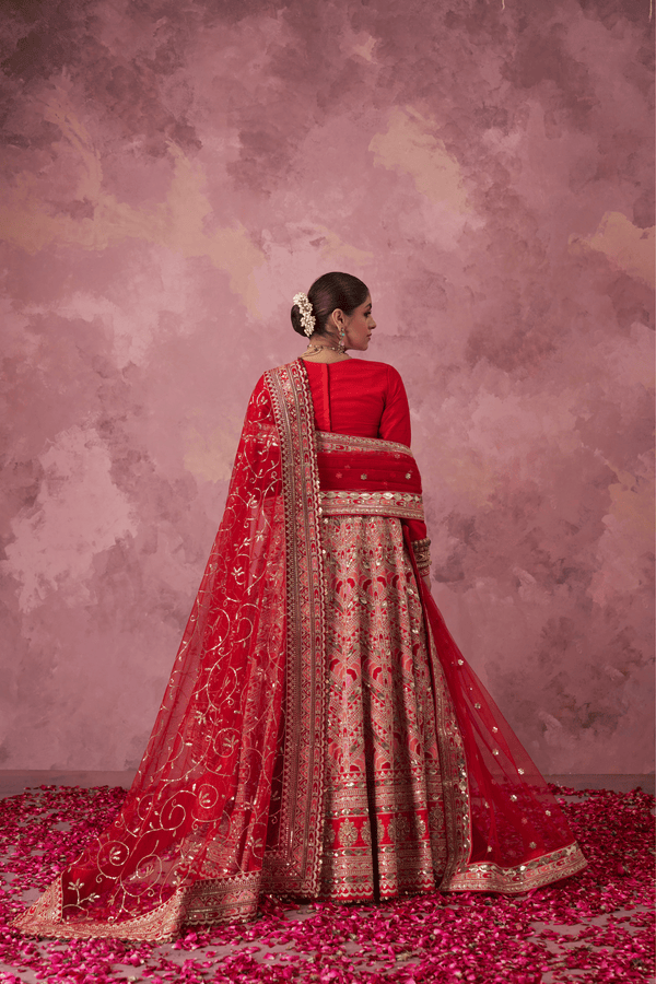 Tamira Red Raw Silk Embroidered Lehenga Set With Two Dupattas