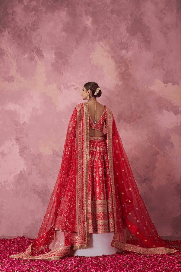 Padmavati Red Raw Silk Embroidered Lehenga Set With Two Dupattas