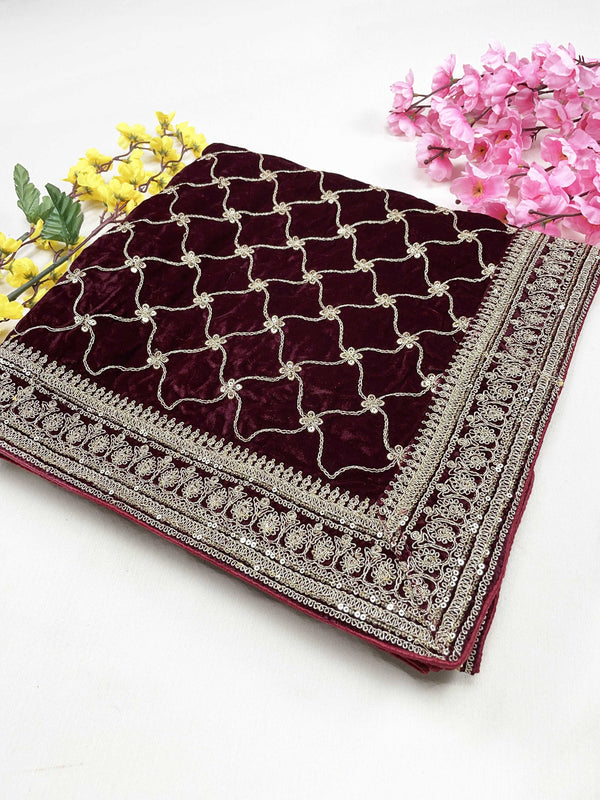 Maroon Premium Embroidery Velvet Dupatta For Every Occasions