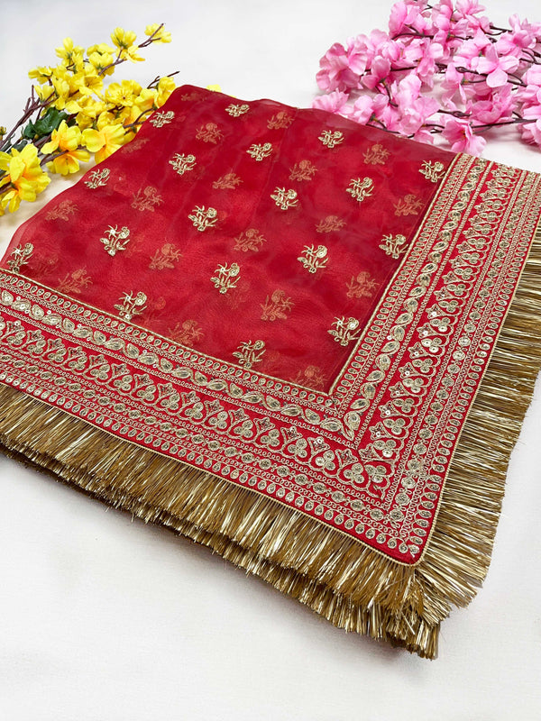 Bridal Mehar Red Embroidered Fringed Organza Dupatta