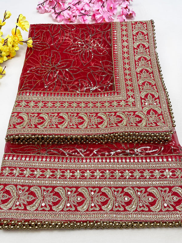 Bridal Virasat Red Embroidered Fringed Net Dupatta