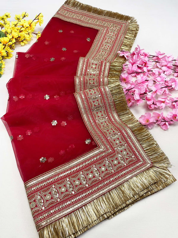 Bridal Samaira Red Embroidered Fringed Net Dupatta