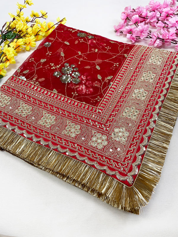 Bridal Anandini Red Embroidered Net Fringed Dupatta