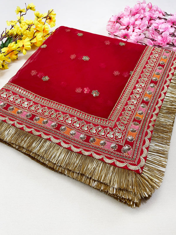Bridal Amritika Red Embroidered Net Dupatta