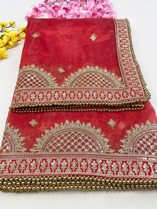 Bridal Pushpalata Red Embroidered Organza Dupatta