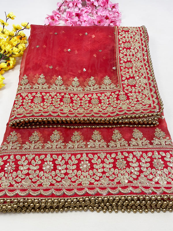 Bridal Trishla Red Embroidered Organza Dupatta