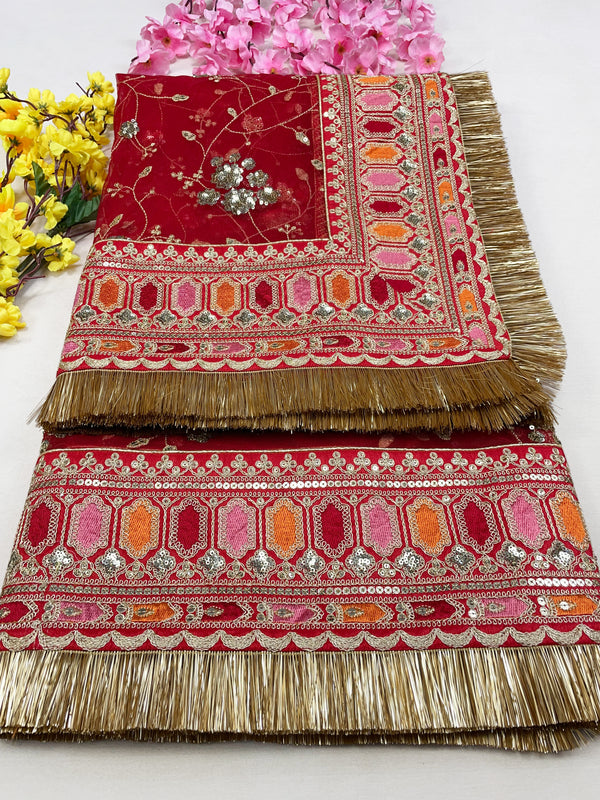 Bridal Suhani Red Embroidered Net Dupatta