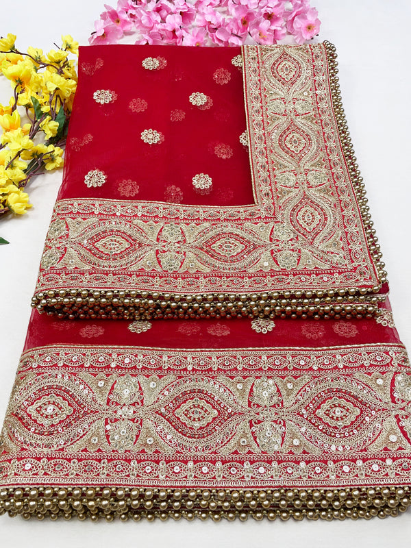 Bridal Vasudha Red Embroidered Net Dupatta