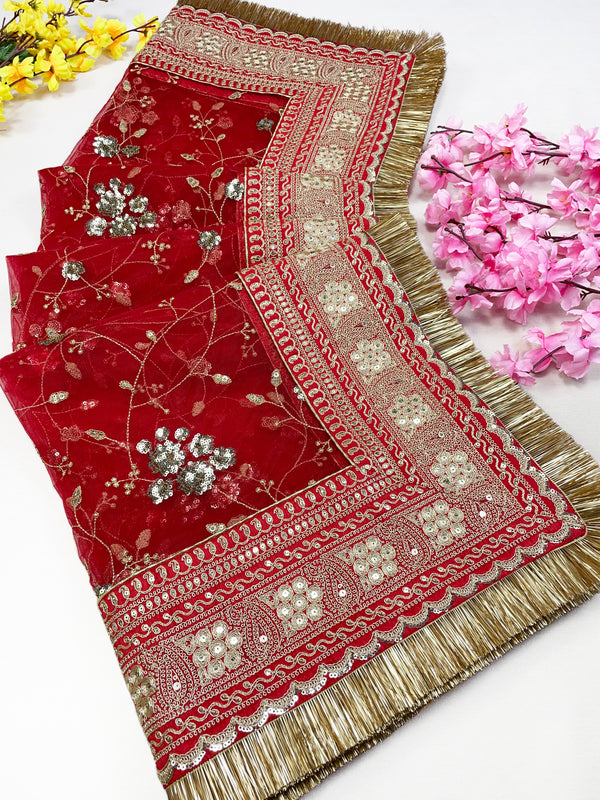 Bridal Anandini Red Embroidered Net Fringed Dupatta