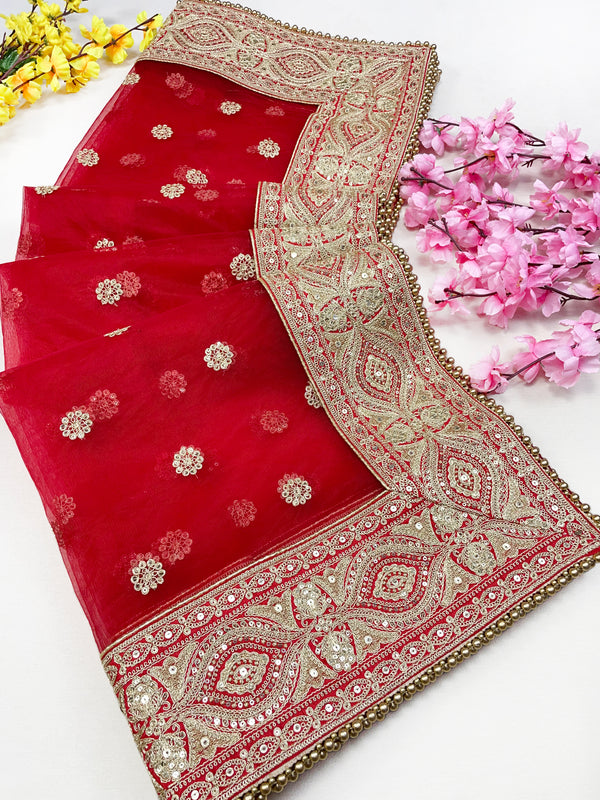 Bridal Vasudha Red Embroidered Net Dupatta