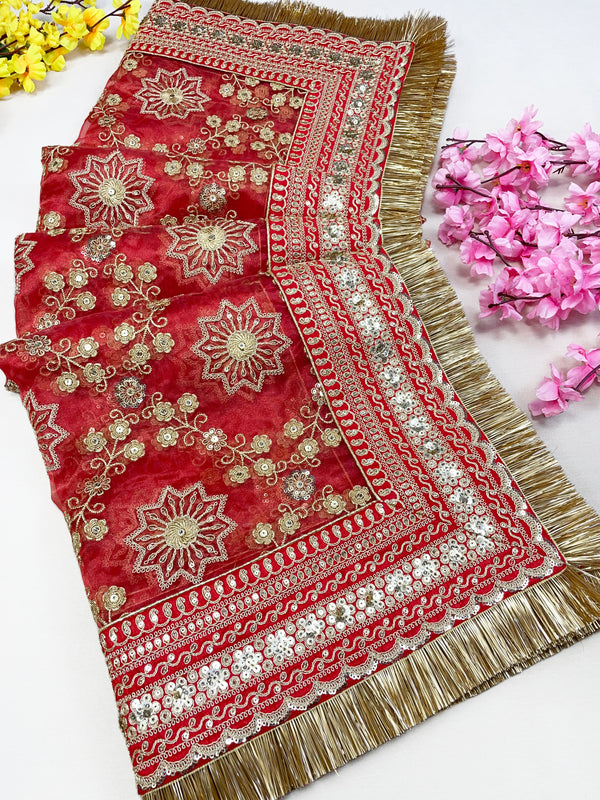 Bridal Minara Red Embroidered Organza Dupatta