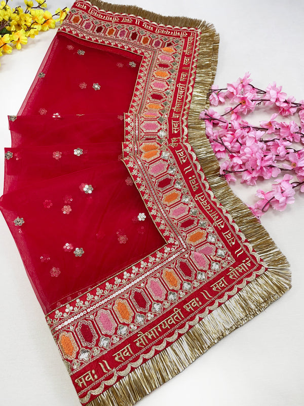 Bridal Saubhagyavti Red Embroidered Net Dupatta