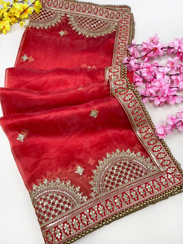 Bridal Pushpalata Red Embroidered Organza Dupatta