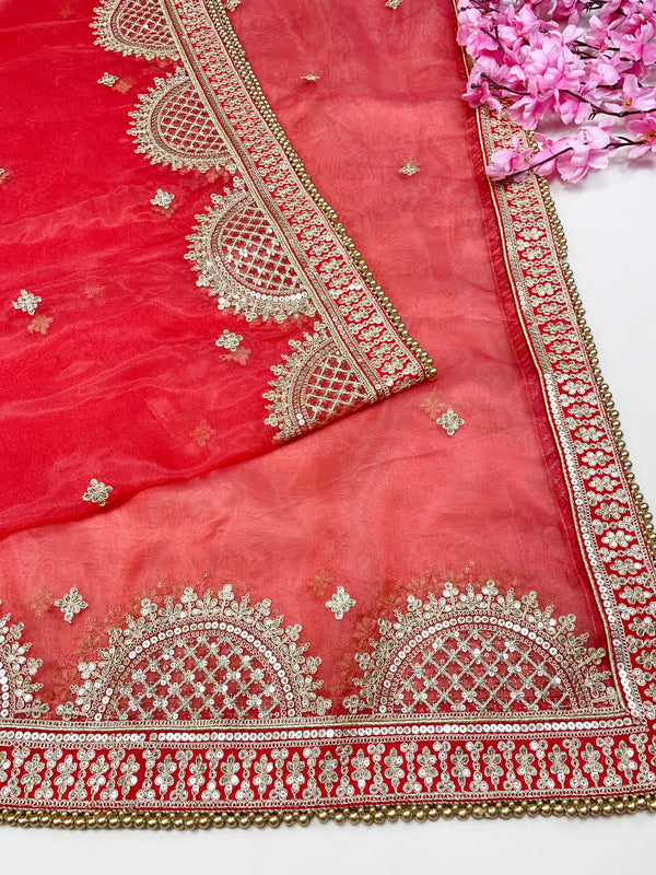 Bridal Pushpalata Red Embroidered Organza Dupatta