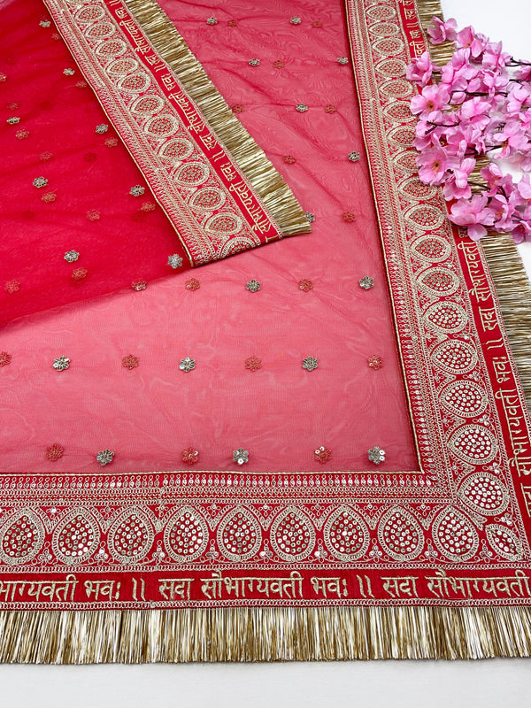 Bridal Saubhagyavti Red Embroidered Net Dupatta