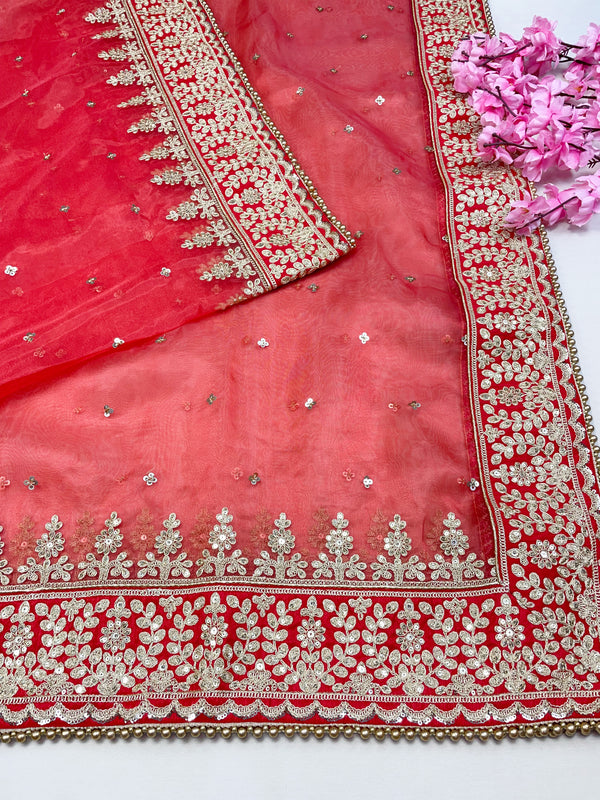 Bridal Trishla Red Embroidered Organza Dupatta