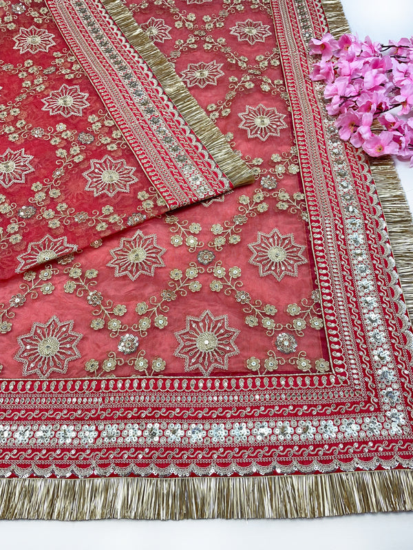 Bridal Minara Red Embroidered Organza Dupatta