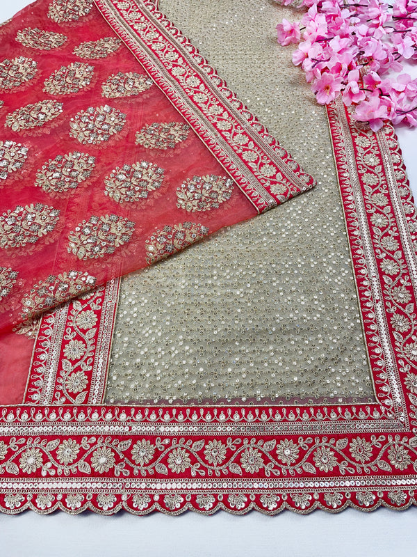 Bridal Surangika Red Embroidered Pure Organza Dupatta
