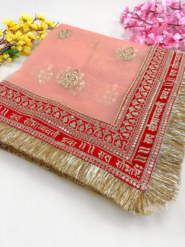 Bridal Saubhagyavati Peach Embroidered Fringed Net DupattaBridal Dupatta , Net Dupatta , Embroidered Dupatta, Indian Bridal Wedding Wear Chunni, Stole, Scarf, Scarves, Veil, Hijab, Lehengha , Wedding Lehengha