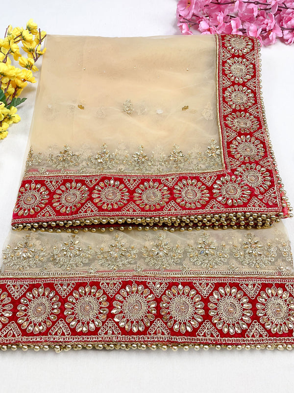 Bridal Queen Stone Zari Gold Embroidered Net Dupatta