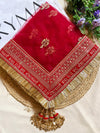 Bridal Saubhagyavati Red Embroidered Fringed Net Dupatta