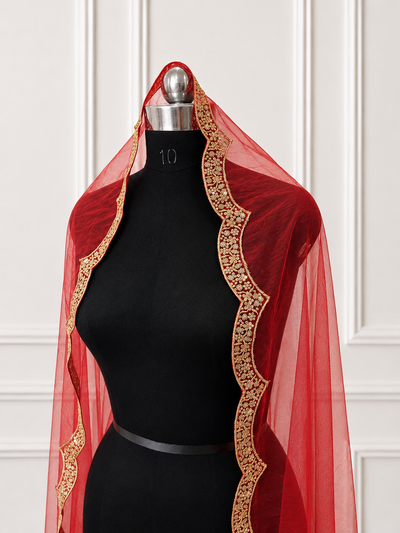 Classy Red Bridal Veil with premium Embroidery | V1066 | Wedding Veil