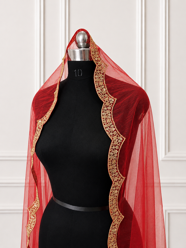 Classy Red Bridal Veil with premium Embroidery | V1066 | Wedding Veil